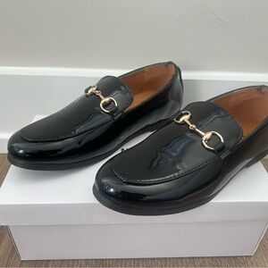 Boys Black Patent Loafers with Gold Accents